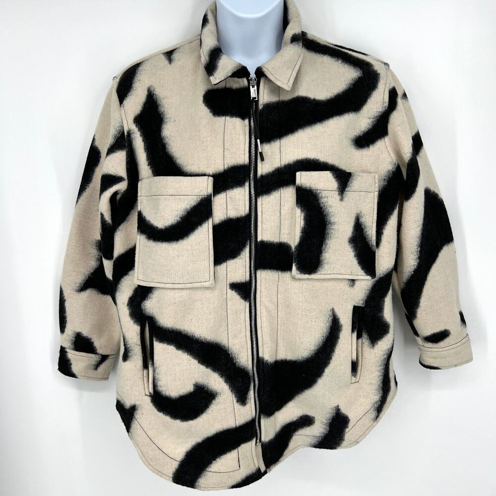 Joie Size Large Mofu Print Shacket Jacket Full Zip Black Cream